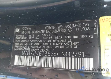 2006 BMW 530I из США, поврежденный, VIN WBANE73526CM42791